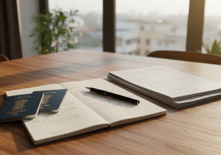 Indian passports and organized travel visa paperwork laid out on a wooden desk in natural window light.