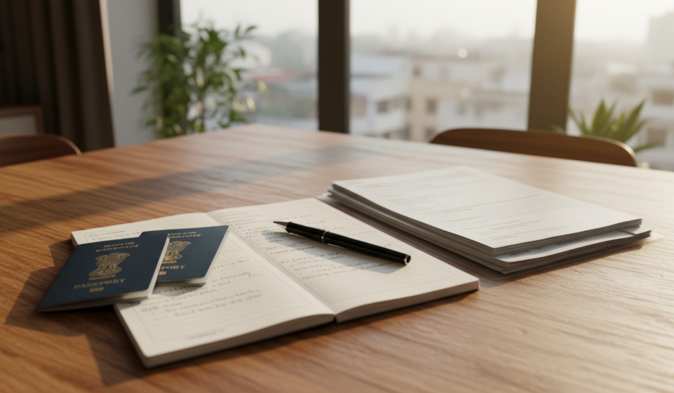 Indian passports and organized travel visa paperwork laid out on a wooden desk in natural window light.