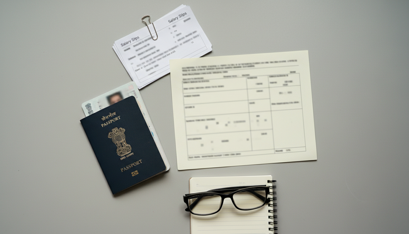 Stamped bank statements, salary slips with paperclips, and an Indian passport arranged on a desk.