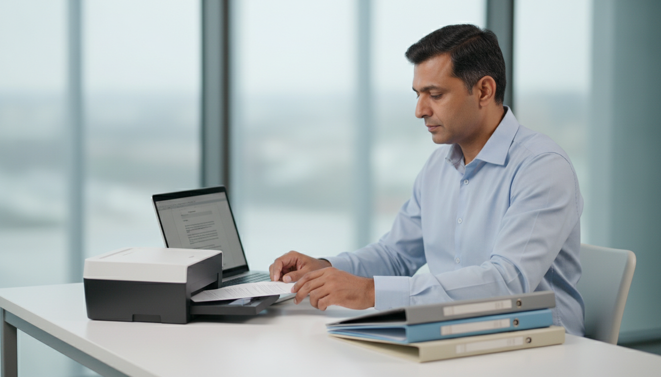 A person placing supporting documents onto a flatbed scanner next to a laptop on a bright desk.