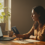 Woman sitting at a wooden desk holding an Indian passport while reviewing appointment details on a laptop.