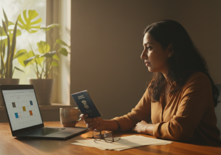 Woman sitting at a wooden desk holding an Indian passport while reviewing appointment details on a laptop.