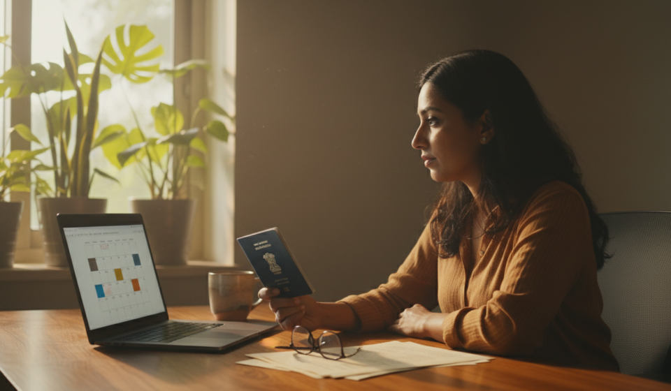 Woman sitting at a wooden desk holding an Indian passport while reviewing appointment details on a laptop.