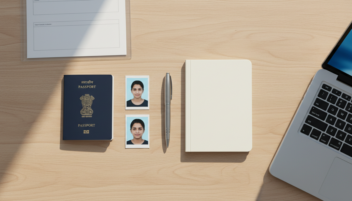 Indian passport, passport photos, pen, and documents laid out neatly on a wooden desk next to a laptop.