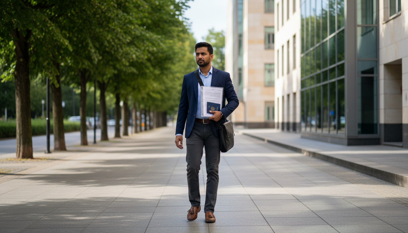 Applicant carrying a clear document folder and passport outside a consular facility on appointment morning.