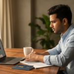 A young Indian professional sitting at a laptop with an Indian passport beside it on a wooden desk.