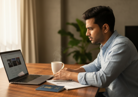 A young Indian professional sitting at a laptop with an Indian passport beside it on a wooden desk.