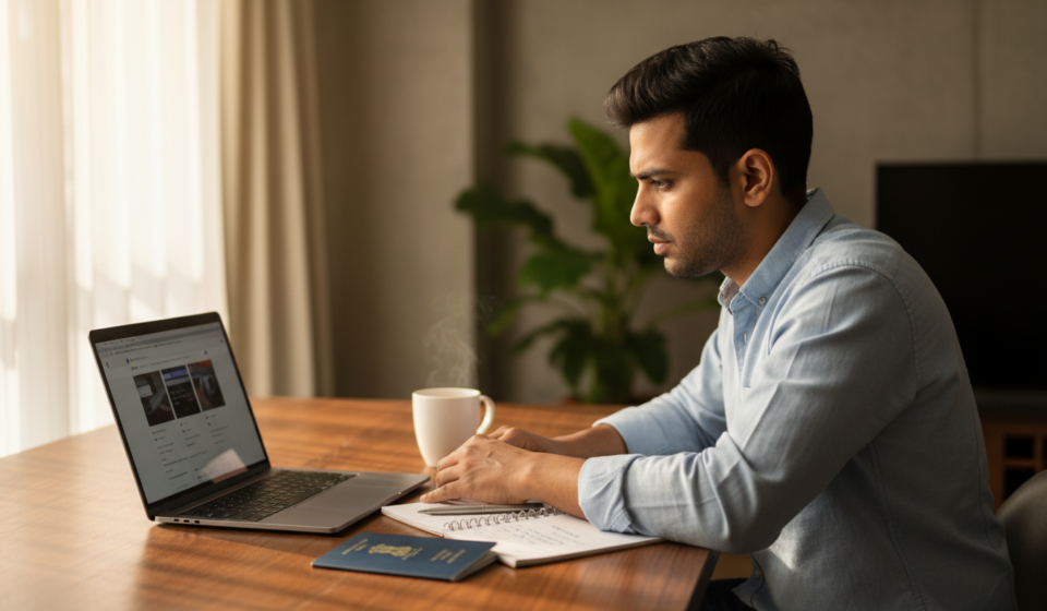 US Visa Portal Errors in India: How to Fix Glitches (2026) A young Indian professional sitting at a laptop with an Indian passport beside it on a wooden desk.