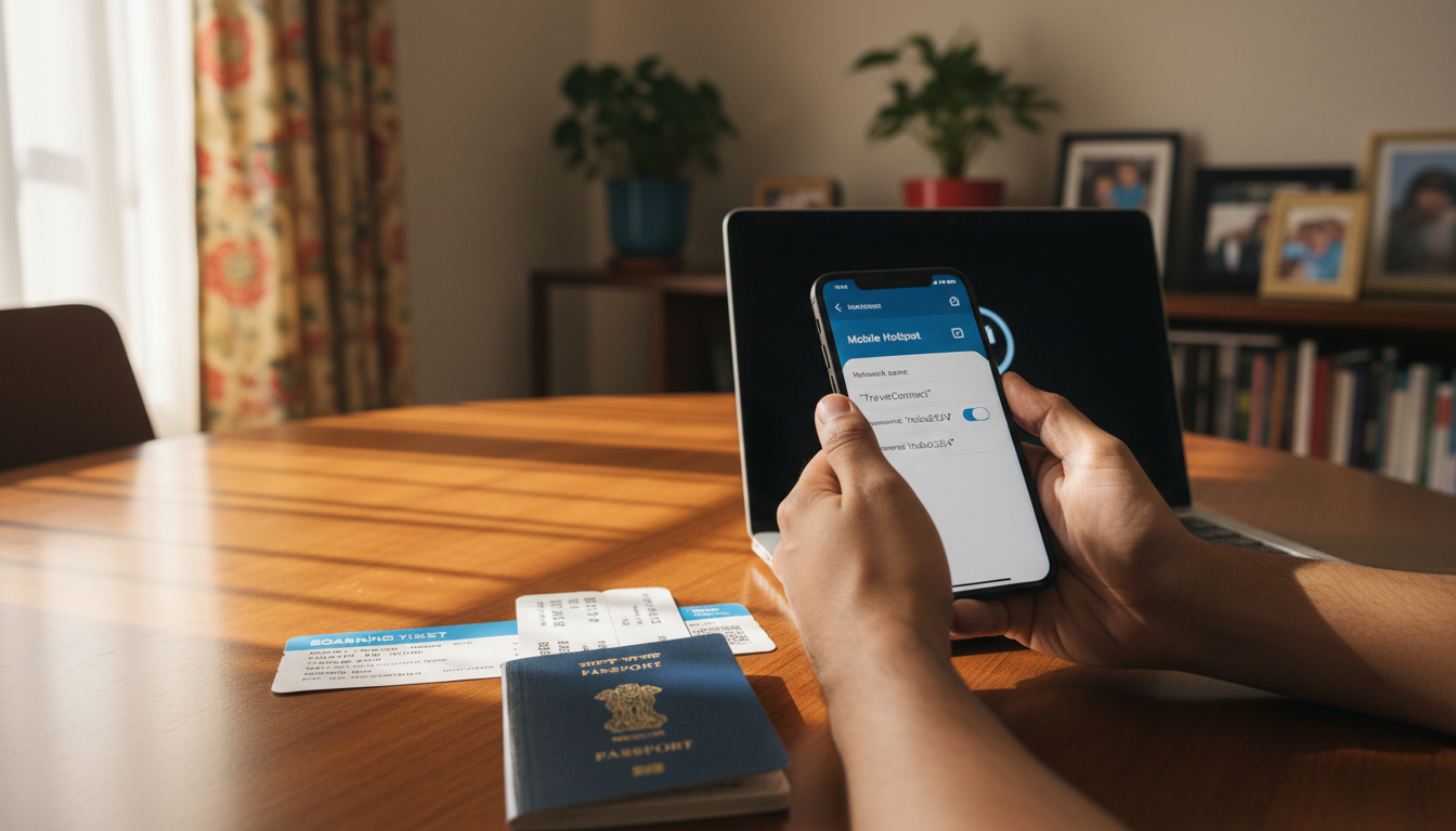 US Visa Portal Errors in India: How to Fix Glitches (2026) 1 Hands holding a smartphone to switch mobile networks next to a laptop and travel documents.