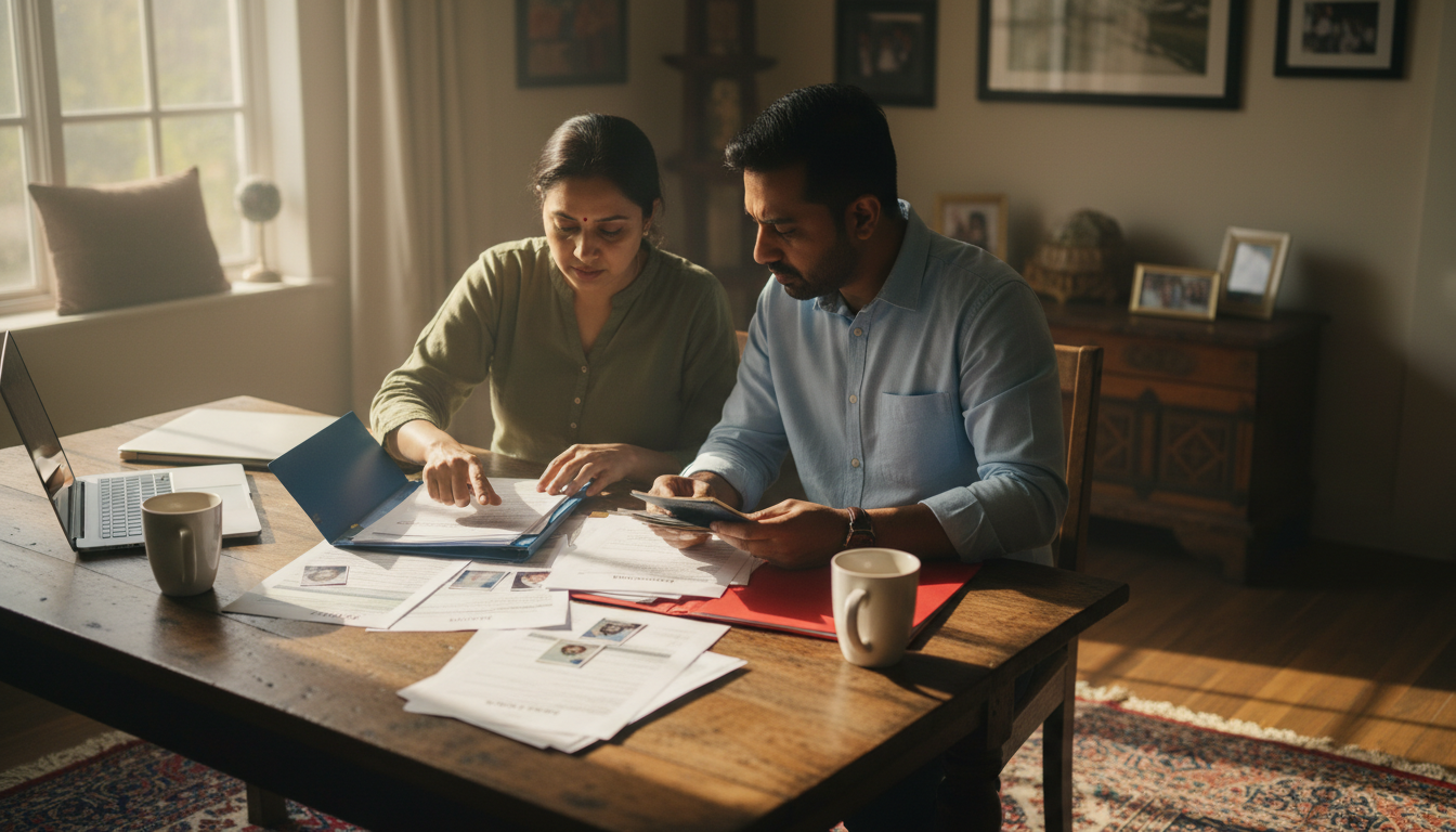 US Visa Portal Errors in India: How to Fix Glitches (2026) 2 An Indian couple sitting at a wooden table reviewing printed visa application papers and passports.
