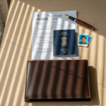 An organized wooden desk displaying an Indian passport, printed documents, and square visa photos in soft morning sunlight.