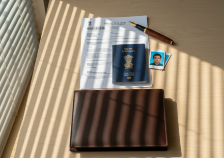 An organized wooden desk displaying an Indian passport, printed documents, and square visa photos in soft morning sunlight.