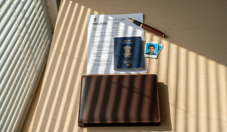An organized wooden desk displaying an Indian passport, printed documents, and square visa photos in soft morning sunlight.