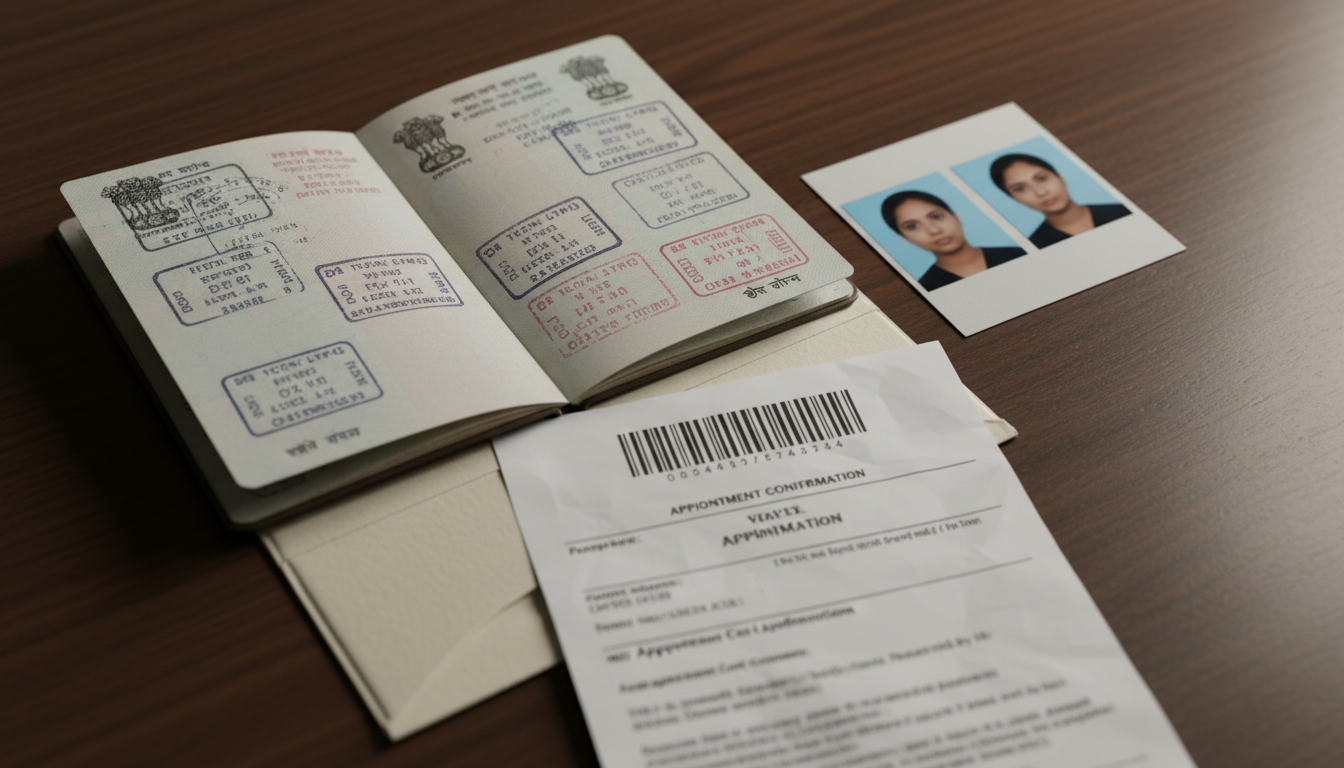 Close-up of an Indian passport, physical square visa photos, and printed application pages arranged on a desk.