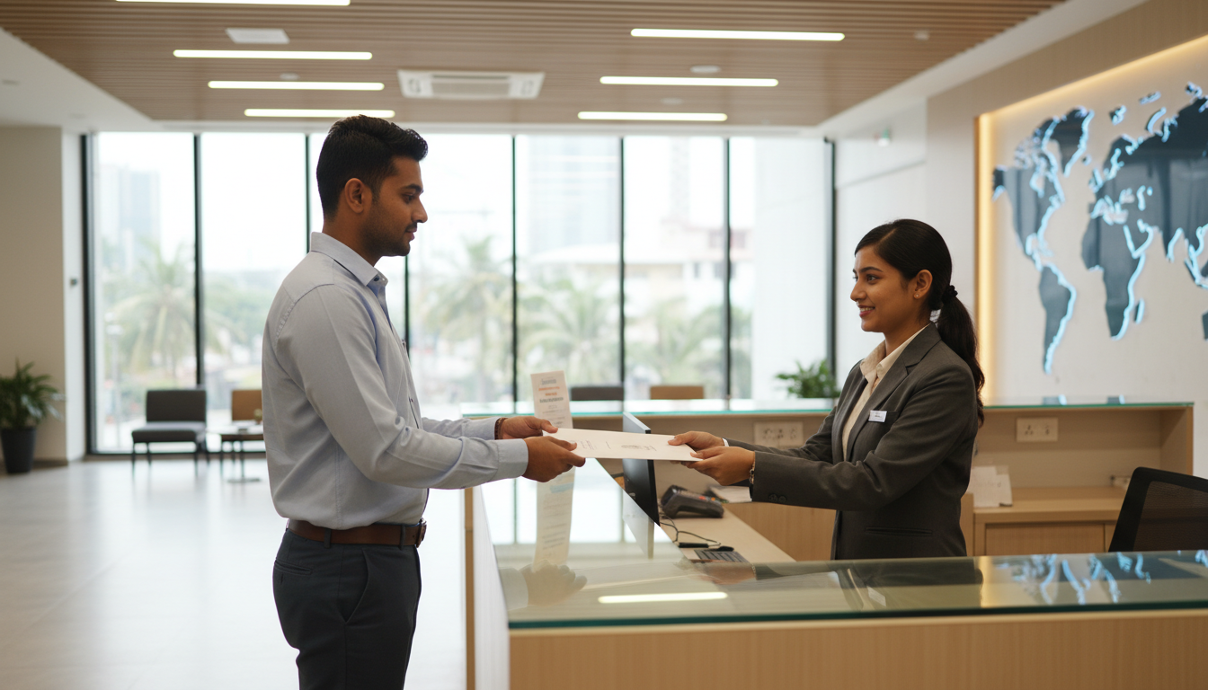 An applicant handing a document envelope across a clean service counter inside a bright visa application center.