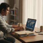 Indian traveler working on a laptop at a sunlit desk with passport and documents nearby.