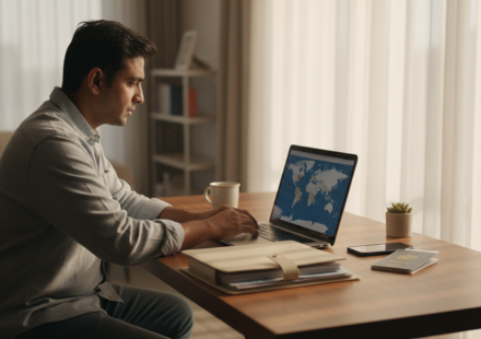 Indian traveler working on a laptop at a sunlit desk with passport and documents nearby.