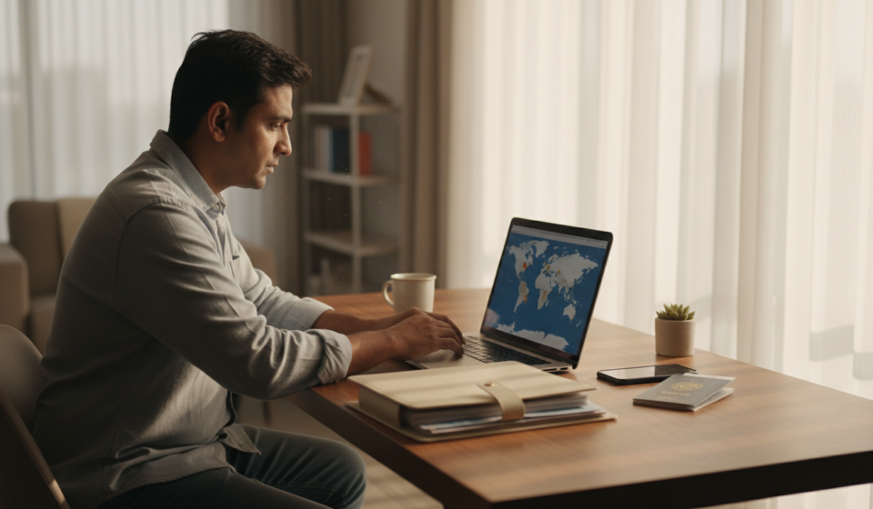 US Visa Customer Care India: Contact Numbers, Email & Support Indian traveler working on a laptop at a sunlit desk with passport and documents nearby.