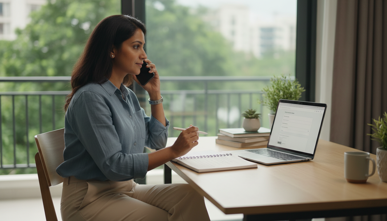 US Visa Customer Care India: Contact Numbers, Email & Support 1 Indian woman talking on her smartphone while taking notes next to an open laptop.