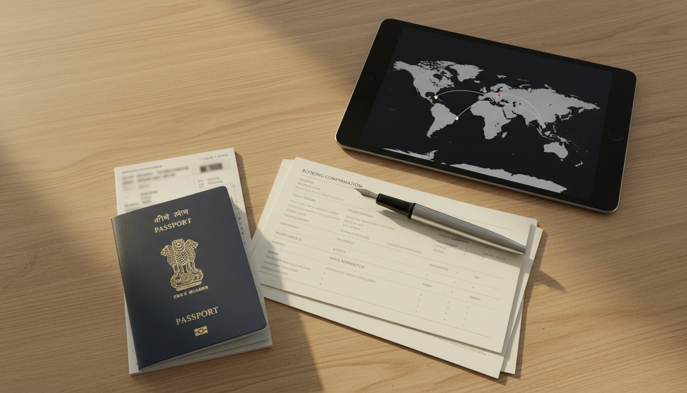 US Visa Customer Care India: Contact Numbers, Email & Support 2 Overhead view of an Indian passport, tablet, and organized printed visa documents on a wooden desk.
