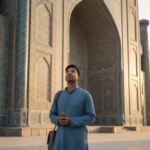 An Indian tourist admiring the blue tiled madrasa archways at Registan Square in Samarkand during sunset.