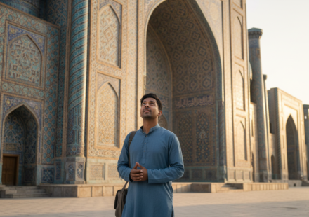 An Indian tourist admiring the blue tiled madrasa archways at Registan Square in Samarkand during sunset.