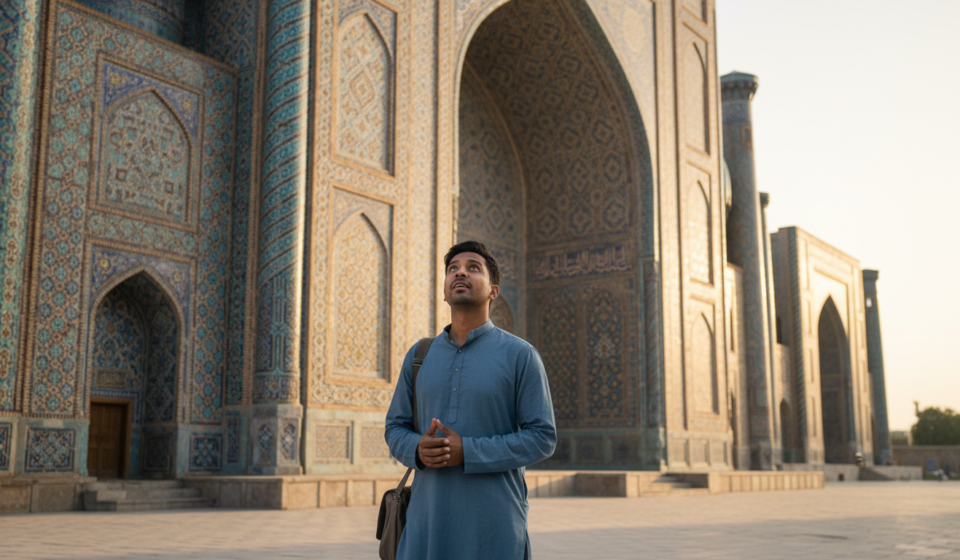 An Indian tourist admiring the blue tiled madrasa archways at Registan Square in Samarkand during sunset.
