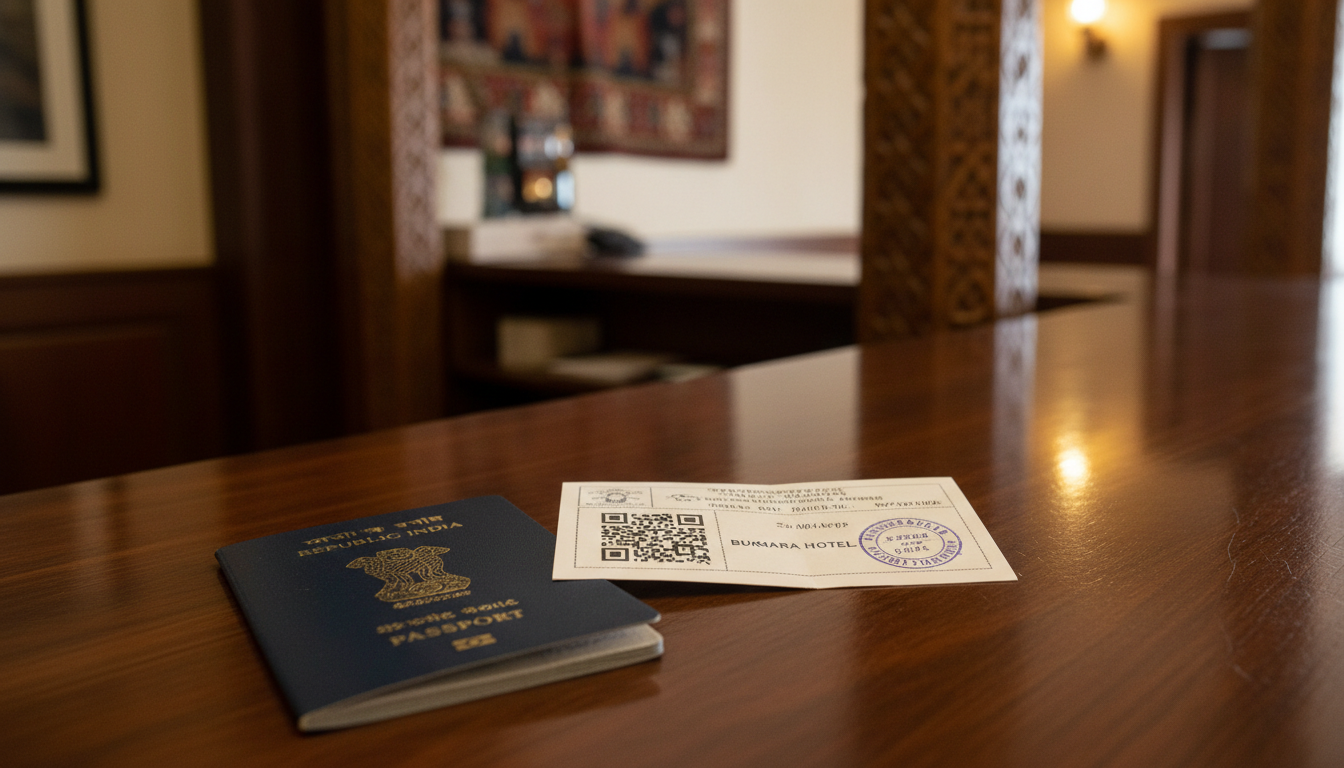 An Indian passport and paper registration slip resting on a hotel reception desk in Uzbekistan.
