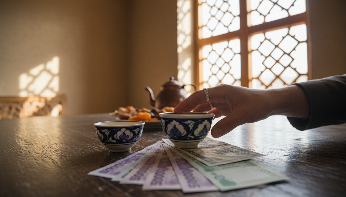 Fresh US dollar bills and Uzbek Som currency on a wooden teahouse table beside a traditional ceramic teacup.