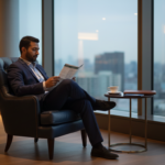 An Indian traveler sitting comfortably in a lounge armchair reviewing travel documents with a cup of coffee nearby.