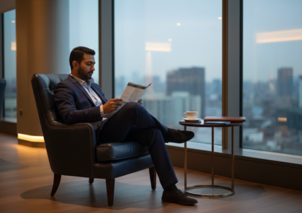 An Indian traveler sitting comfortably in a lounge armchair reviewing travel documents with a cup of coffee nearby.