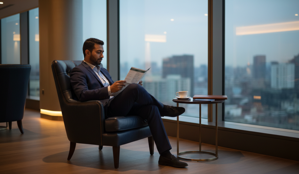 An Indian traveler sitting comfortably in a lounge armchair reviewing travel documents with a cup of coffee nearby.