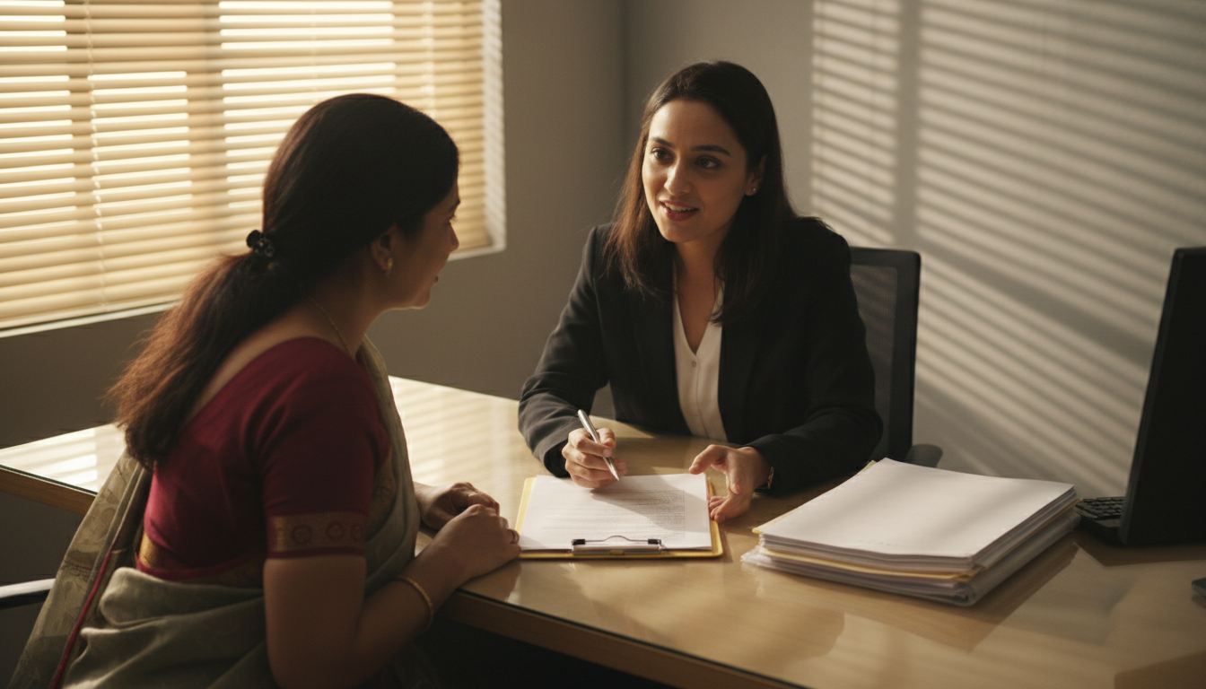 An applicant seated across a desk from a service agent who is reviewing a neatly organized folder of paperwork.