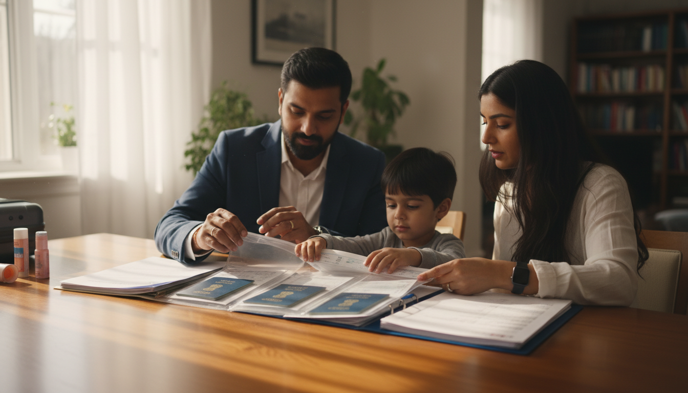 An Indian family at a home dining table organizing multiple passports and printed visa application documents.