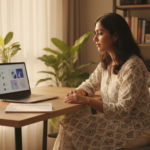 An Indian traveler sitting at a wooden desk with a laptop, an Indian passport, and a coffee mug.