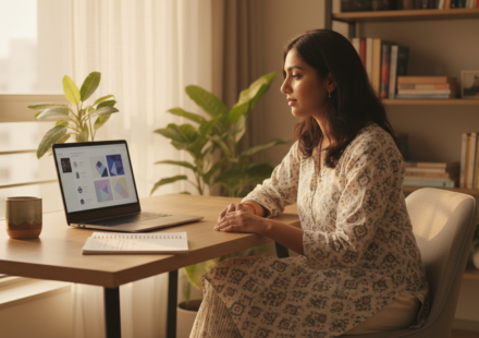 An Indian traveler sitting at a wooden desk with a laptop, an Indian passport, and a coffee mug.