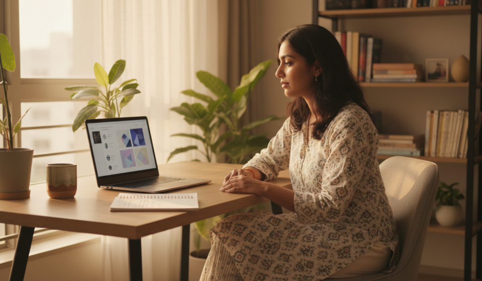 An Indian traveler sitting at a wooden desk with a laptop, an Indian passport, and a coffee mug.