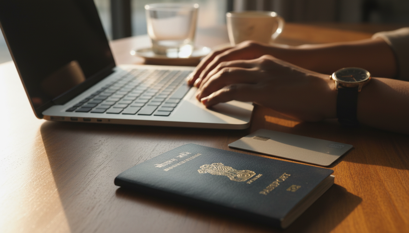 A close-up of an Indian passport, a bank card, and a laptop keyboard on a wooden desk.