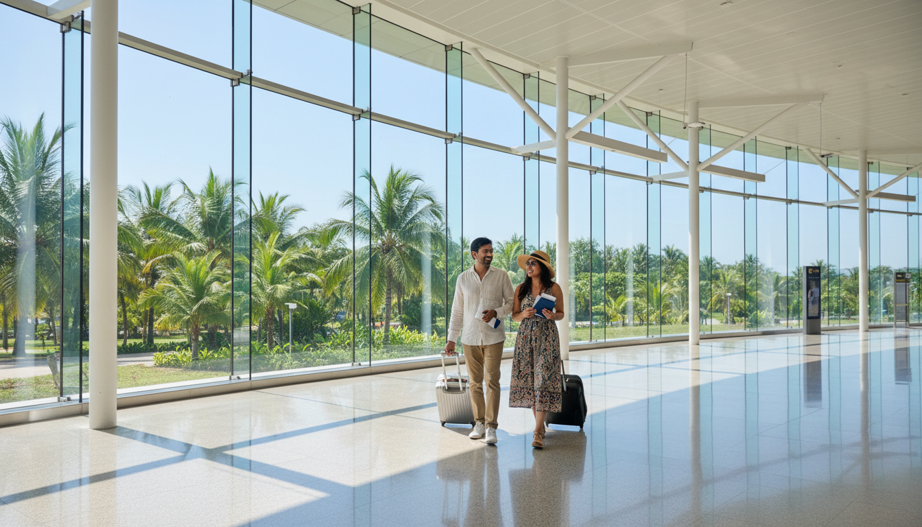 An Indian couple carrying carry-on luggage walking through a bright, glass-walled Vietnamese airport terminal.