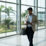 An Indian male traveller walking through the sunlit arrival terminal at Ho Chi Minh City airport holding a passport.