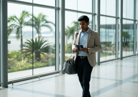 An Indian male traveller walking through the sunlit arrival terminal at Ho Chi Minh City airport holding a passport.