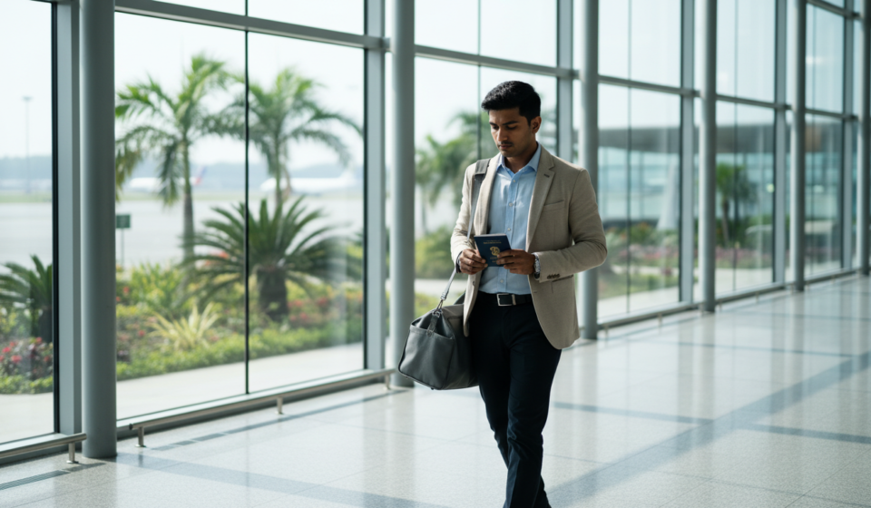 An Indian male traveller walking through the sunlit arrival terminal at Ho Chi Minh City airport holding a passport.