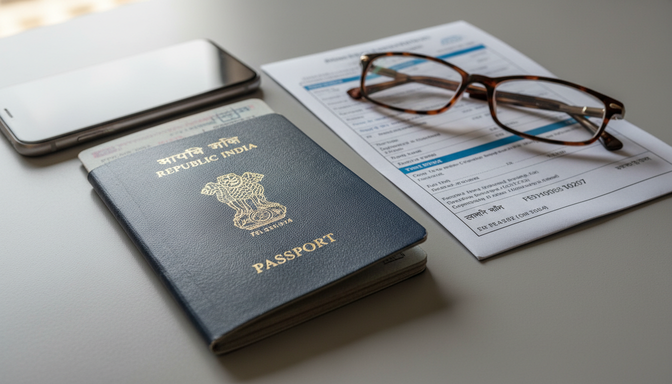 An open Indian passport and travel documents resting flat on a table under soft daylight.