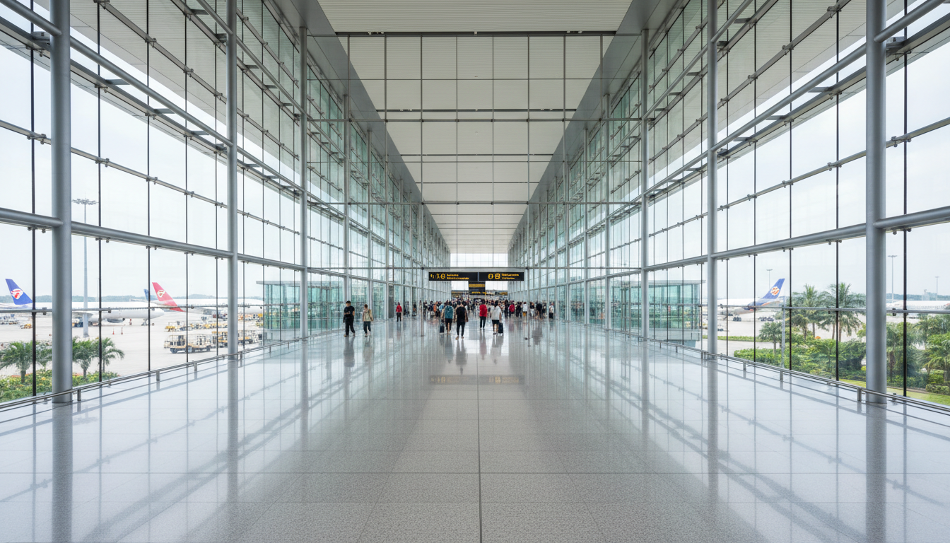 Travellers walking along a spacious glass passenger concourse at Hanoi airport in natural daylight.
