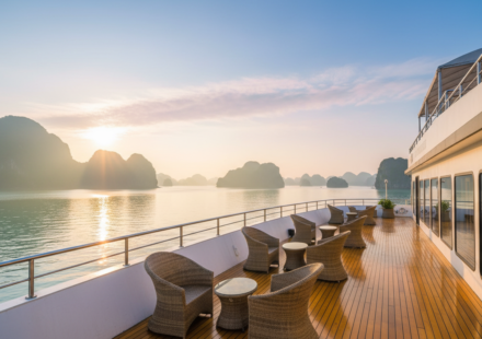 A white luxury cruise ship sailing between misty limestone karsts in the calm emerald waters of Ha Long Bay.