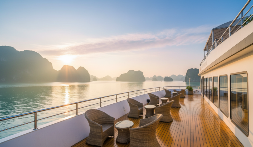 A white luxury cruise ship sailing between misty limestone karsts in the calm emerald waters of Ha Long Bay.