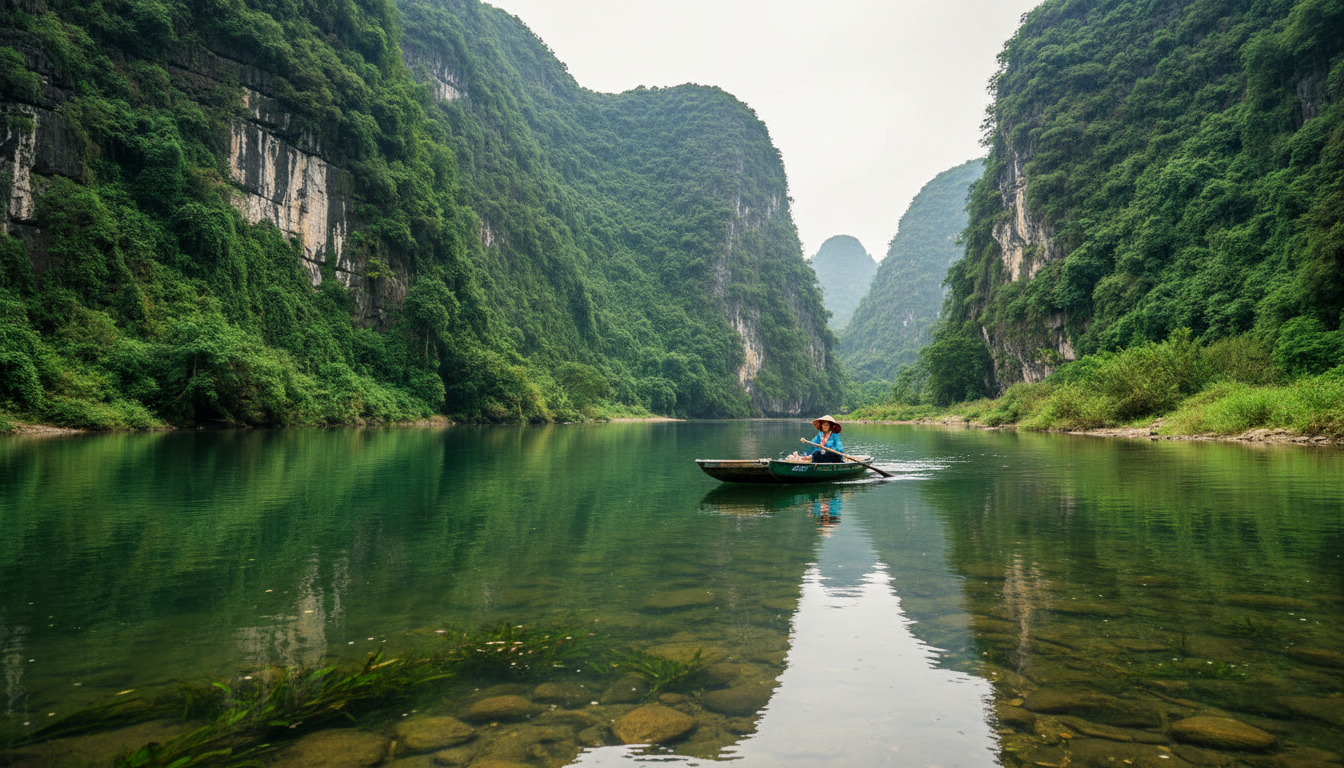 A small wooden sampan boat navigating a river surrounded by sheer limestone mountain cliffs in Ninh Binh.