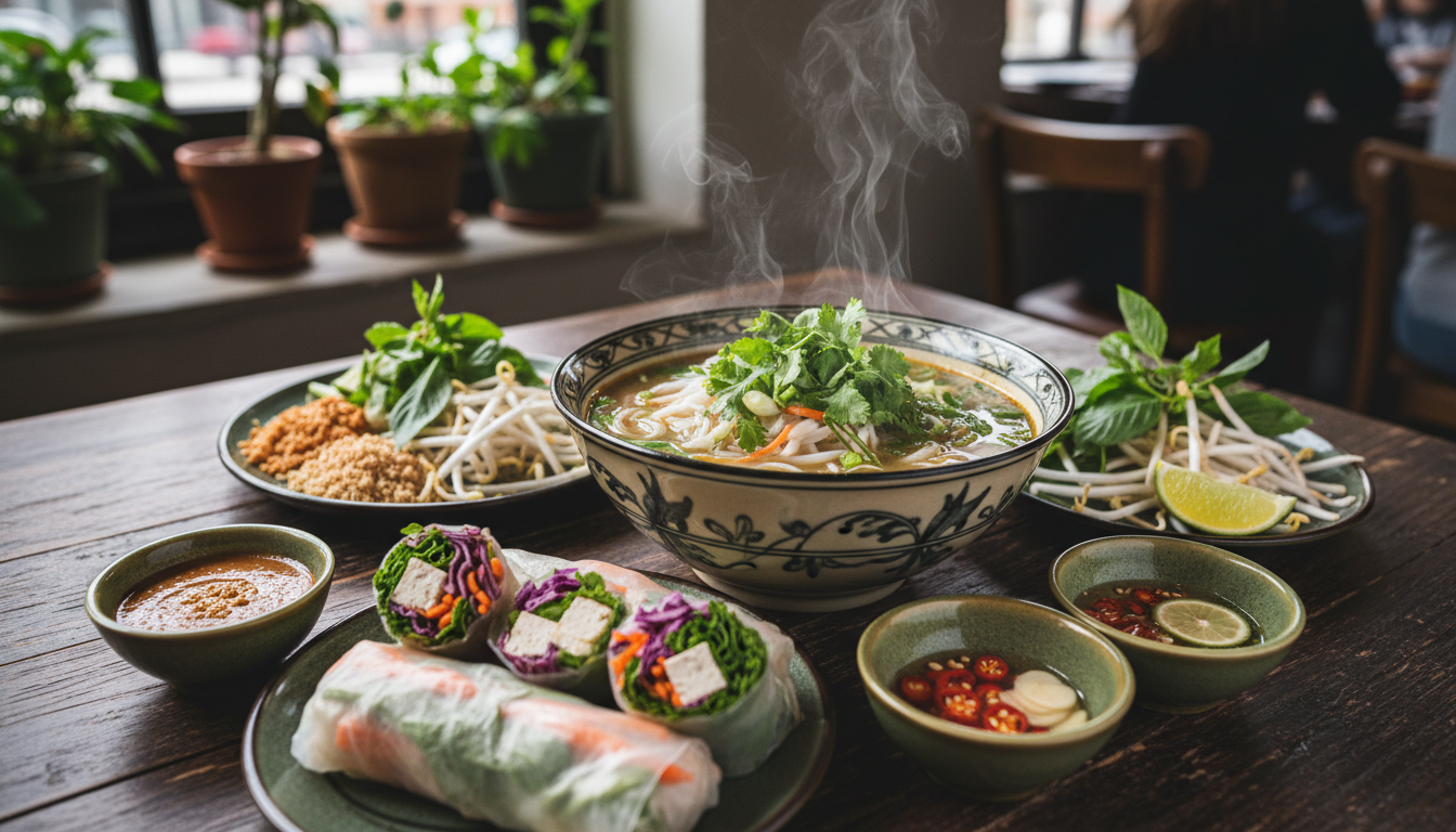 Fresh Vietnamese vegetarian spring rolls, vegetable soup, and dipping sauces served in ceramic dishes.