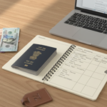 An organized wooden table with an Indian passport, foreign currency, credit card, and travel planning notes.