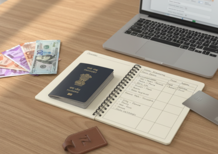 An organized wooden table with an Indian passport, foreign currency, credit card, and travel planning notes.